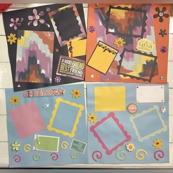 12x12 Pre-Made Friends Colorful Scrapbook Pages Set (4 pages) - Picture 1 of 7